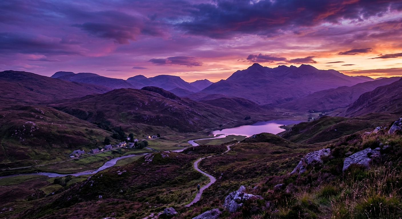 A mountain valley at dusk, with a village beside a river