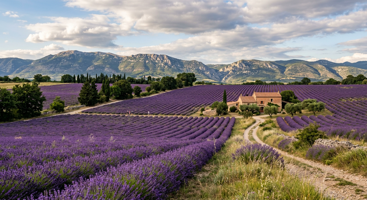 Lavender fields in bloom below a mountain ridge