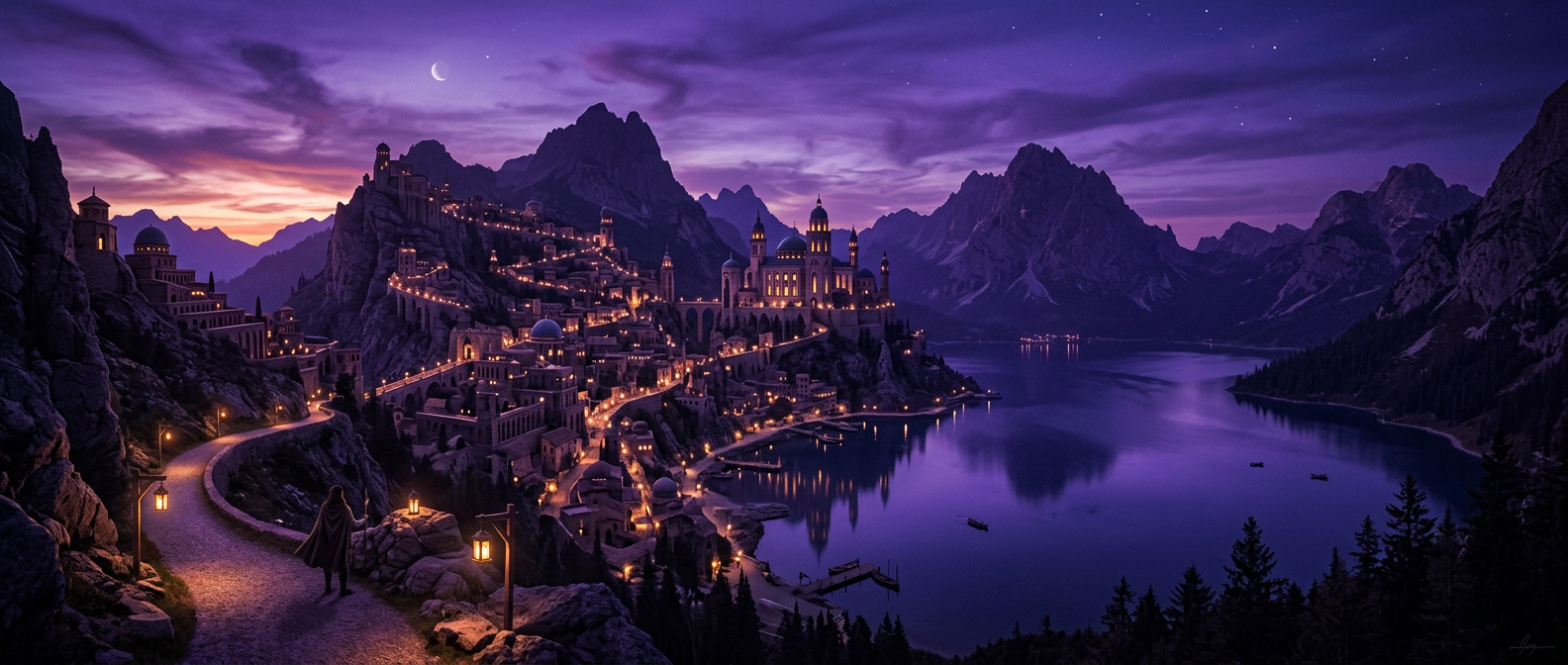 A lantern-lit hillside town above a lake at nightfall