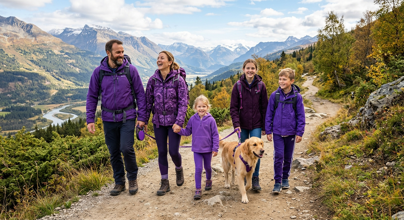 A family walking a mountain trail with their dog in autumn
