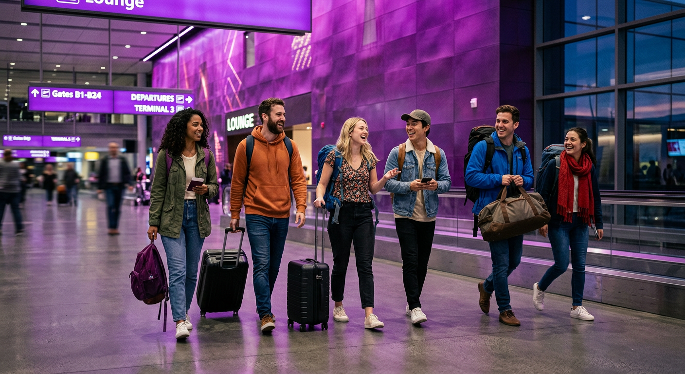 Travellers arriving together at an airport terminal