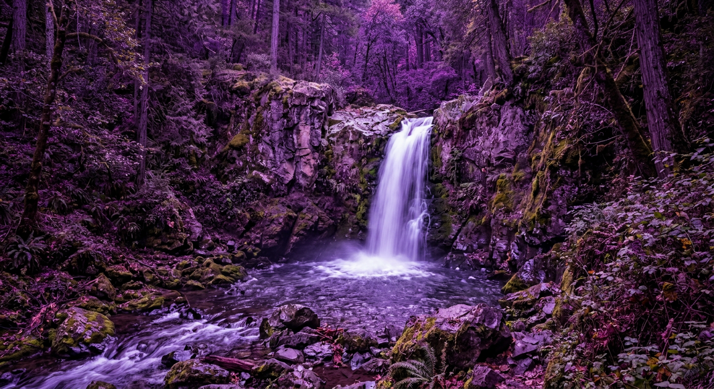 A waterfall dropping into a pool in dense forest at dusk