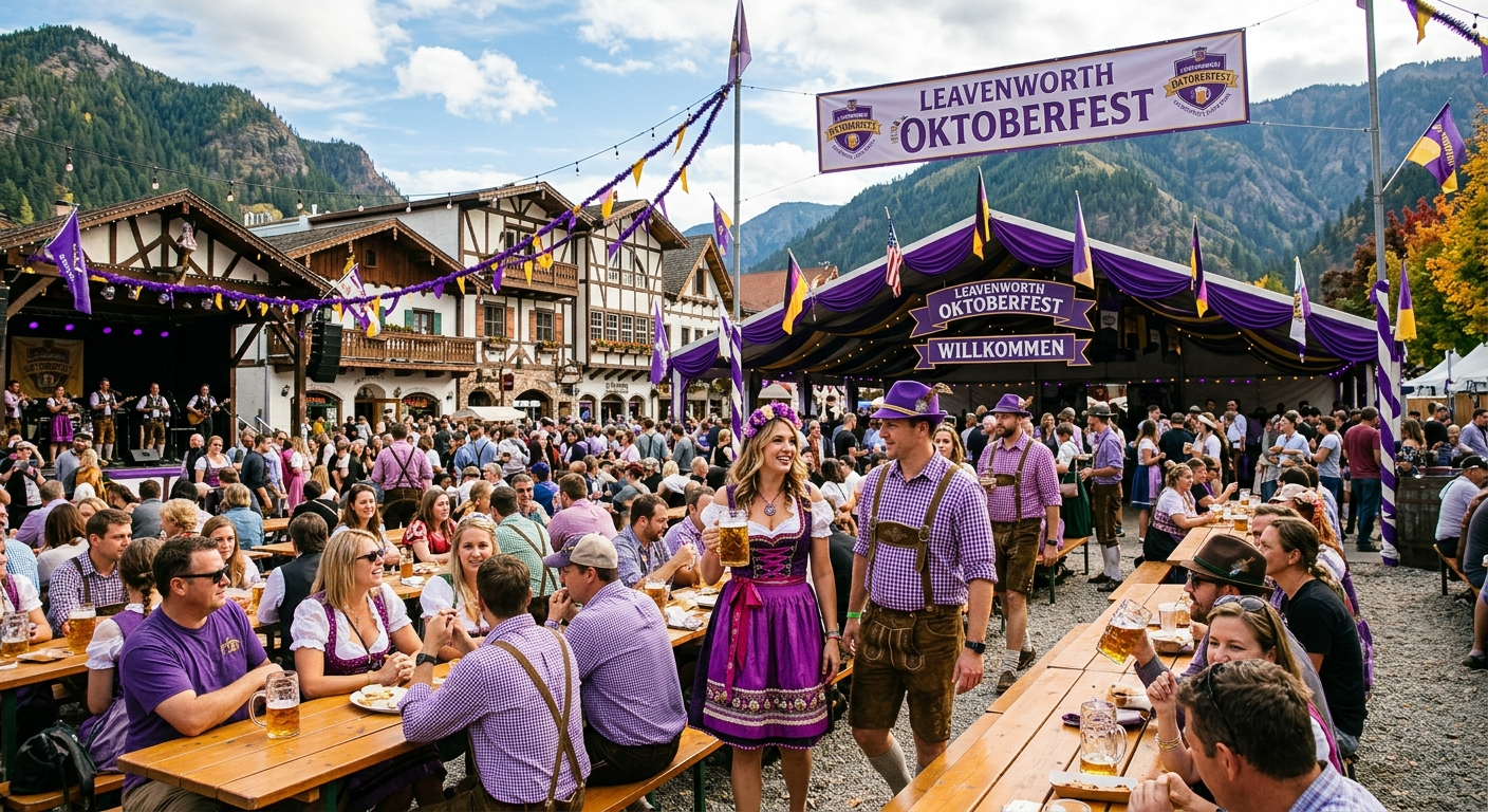 Crowds at long tables under the Oktoberfest tents in Leavenworth’s Bavarian village